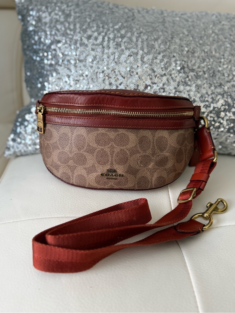 Coach Tan Signature Canvas Crossbody with Rust Leather Trim